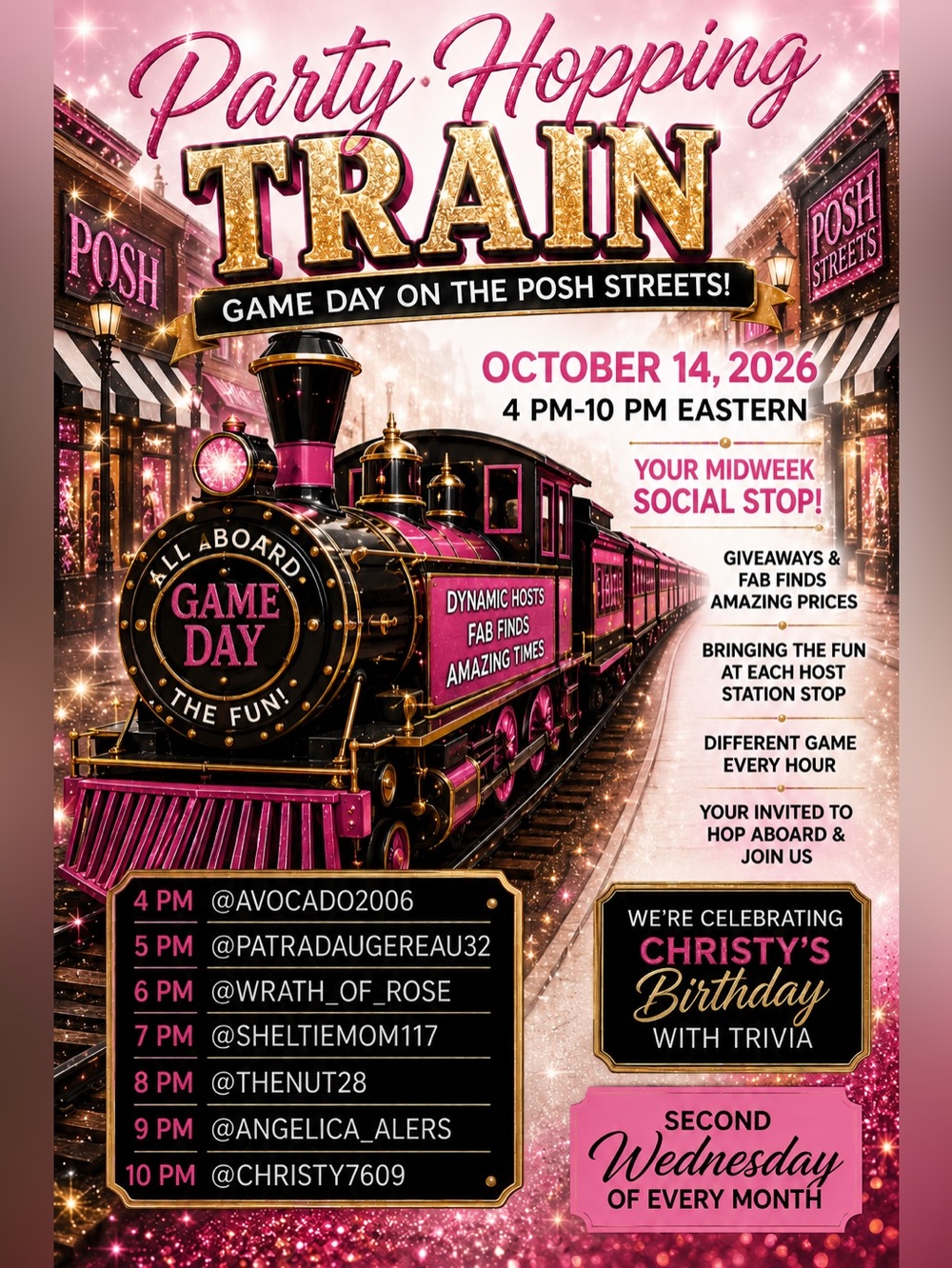 Party Hopping Train OCT 14th GAME DAY Second 2nd Wednesday Every Month